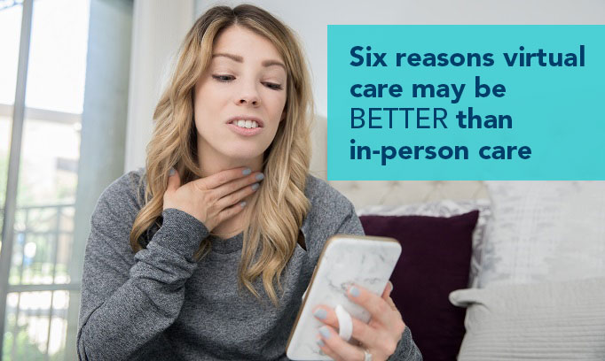 woman with sore throat accessing virtual care with smartphone